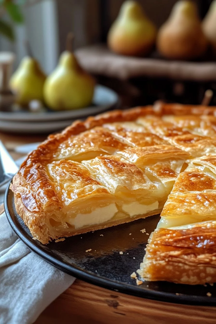 Pastel de masa filo con queso y peras