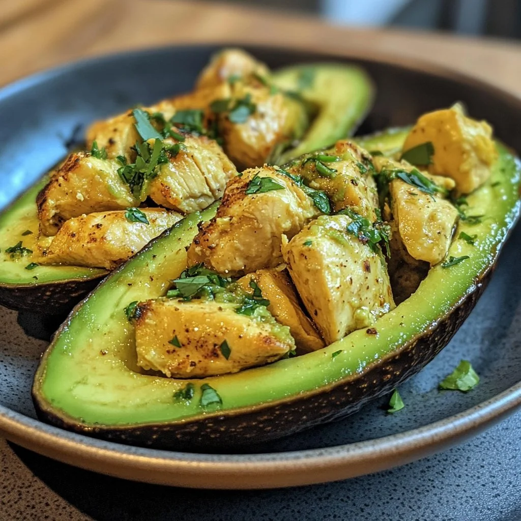 Plato de aguacate con pollo, una opción saludable y deliciosa.