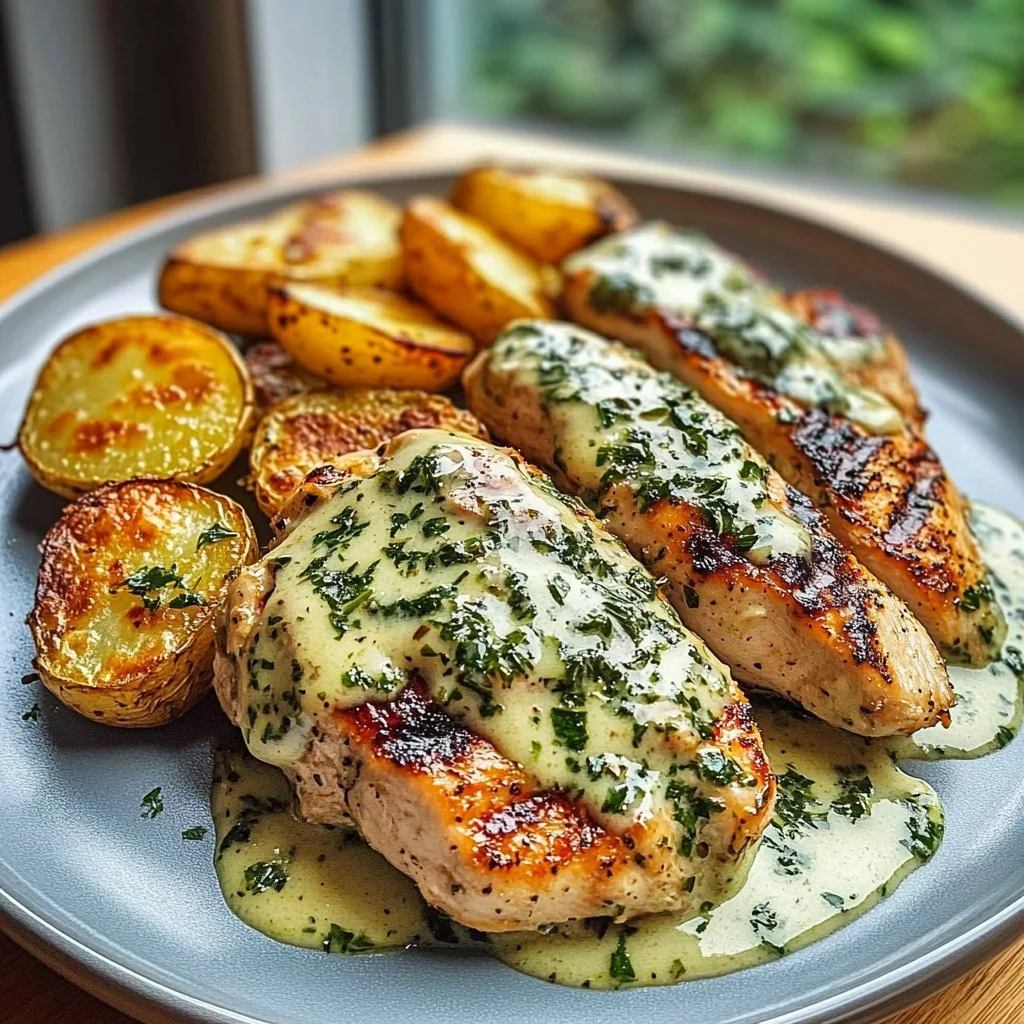 Plato de Alfredo de Pollo Cremoso servido en un bol con albahaca fresca