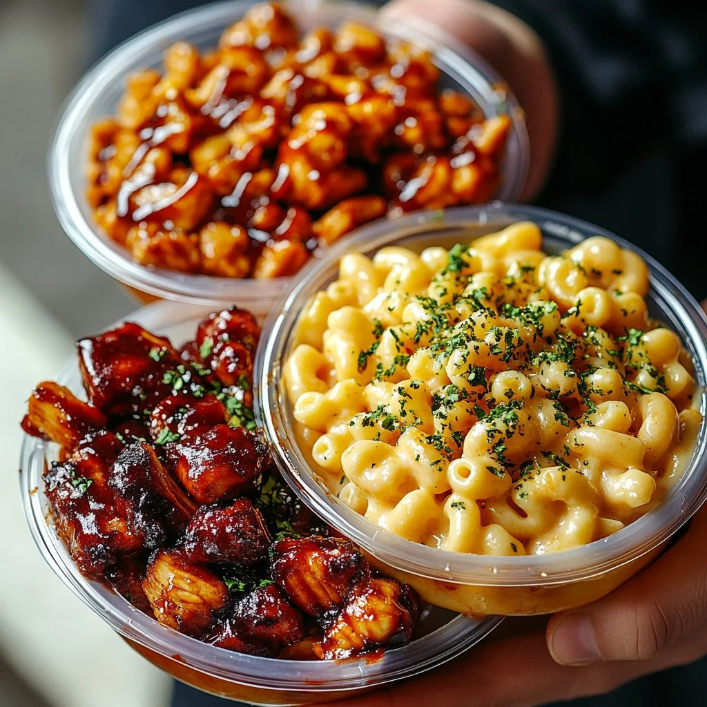 Almuerzo de macarrones con queso y pollo BBQ con miel alto en proteínas
