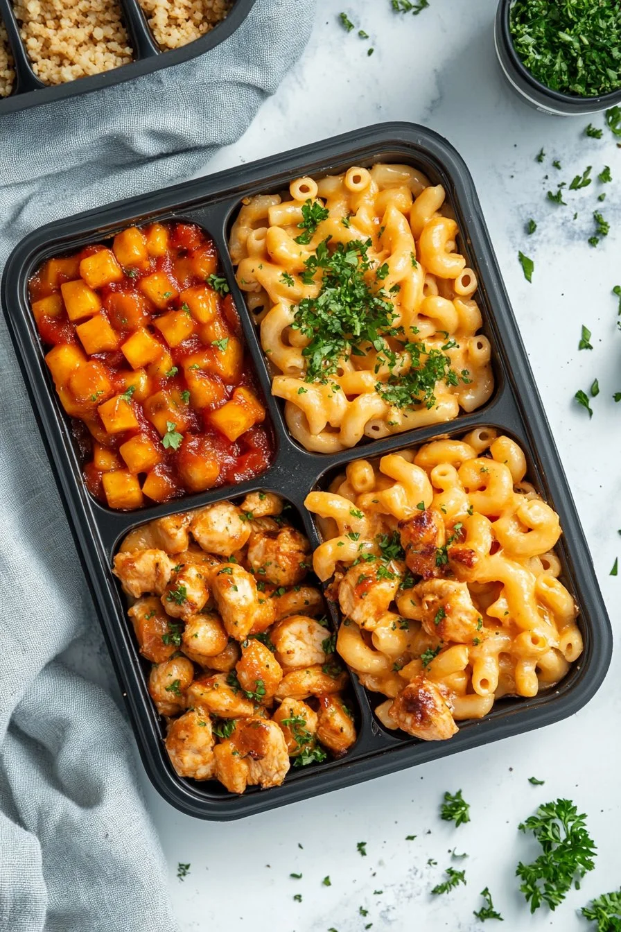 Almuerzo Preparado de Macarrones con Queso y Pollo BBQ con Miel y Alto en Proteínas de 59g