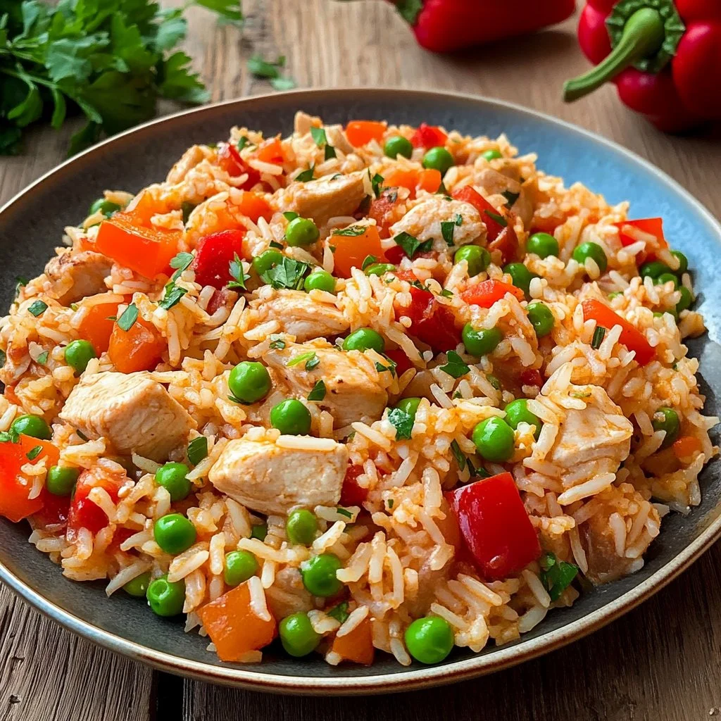 Plato de arroz serbio con pollo cocinado en una sola olla
