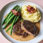 Bistec au Poivre con Puré de Papas y Manojos de Judías Verdes