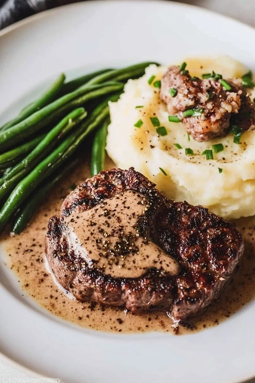 Clásico bistec au poivre (bistec a la pimienta francesa) con puré de papas y manojos de judías verdes