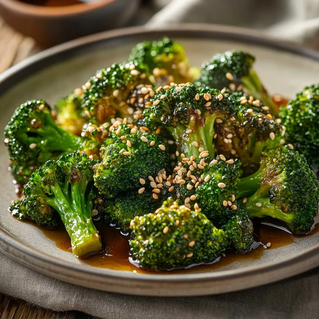 Brócoli asado con salsa de miso sobre plato blanco con hierbas frescas