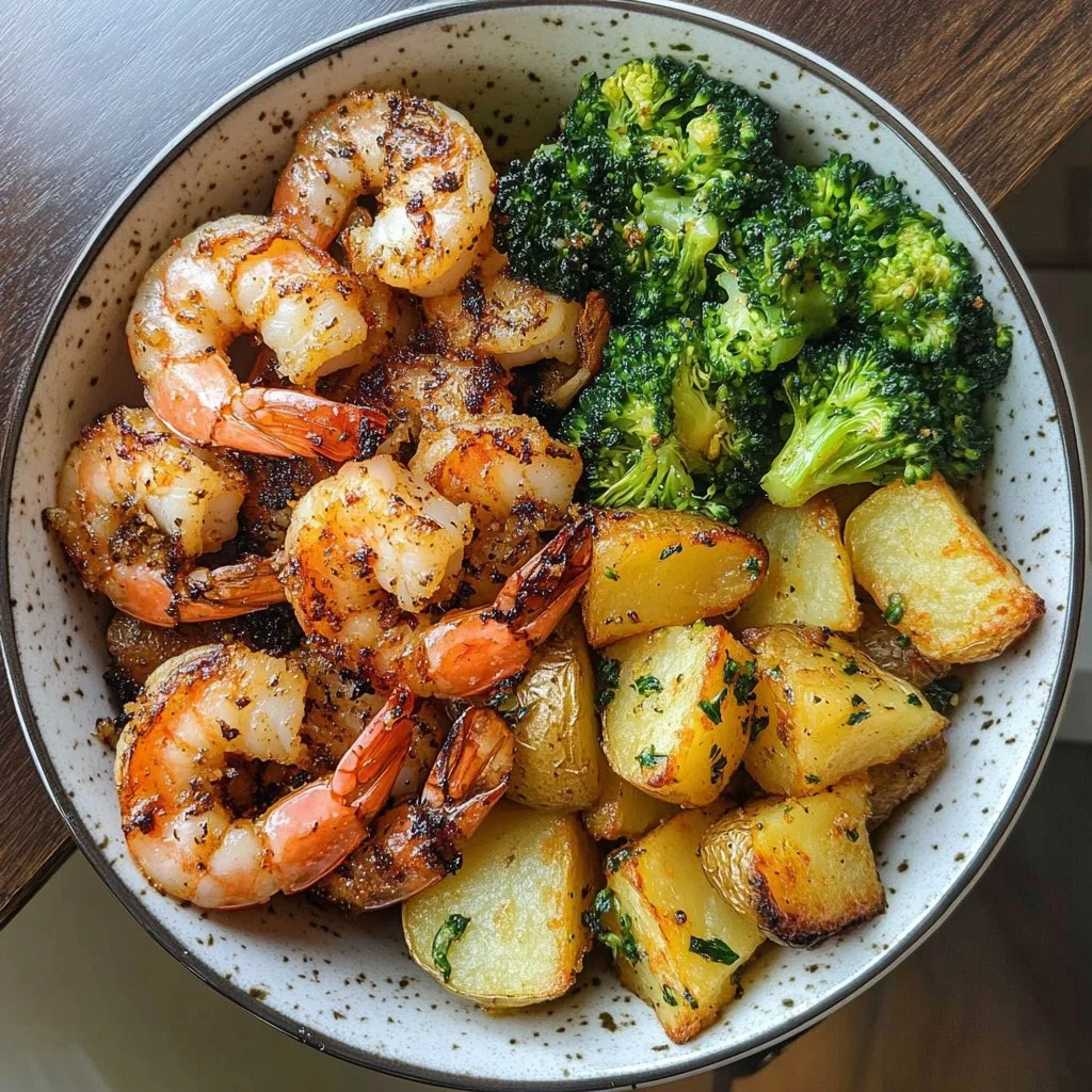 Camarones con costra de parmesano servidos con papas limón crujientes