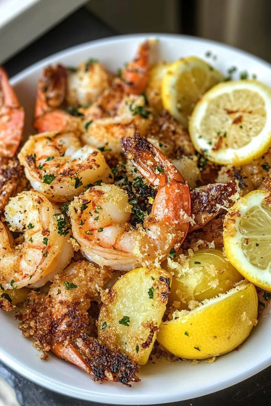 Camarones con Costra de Parmesano y Papas Limón Crujientes