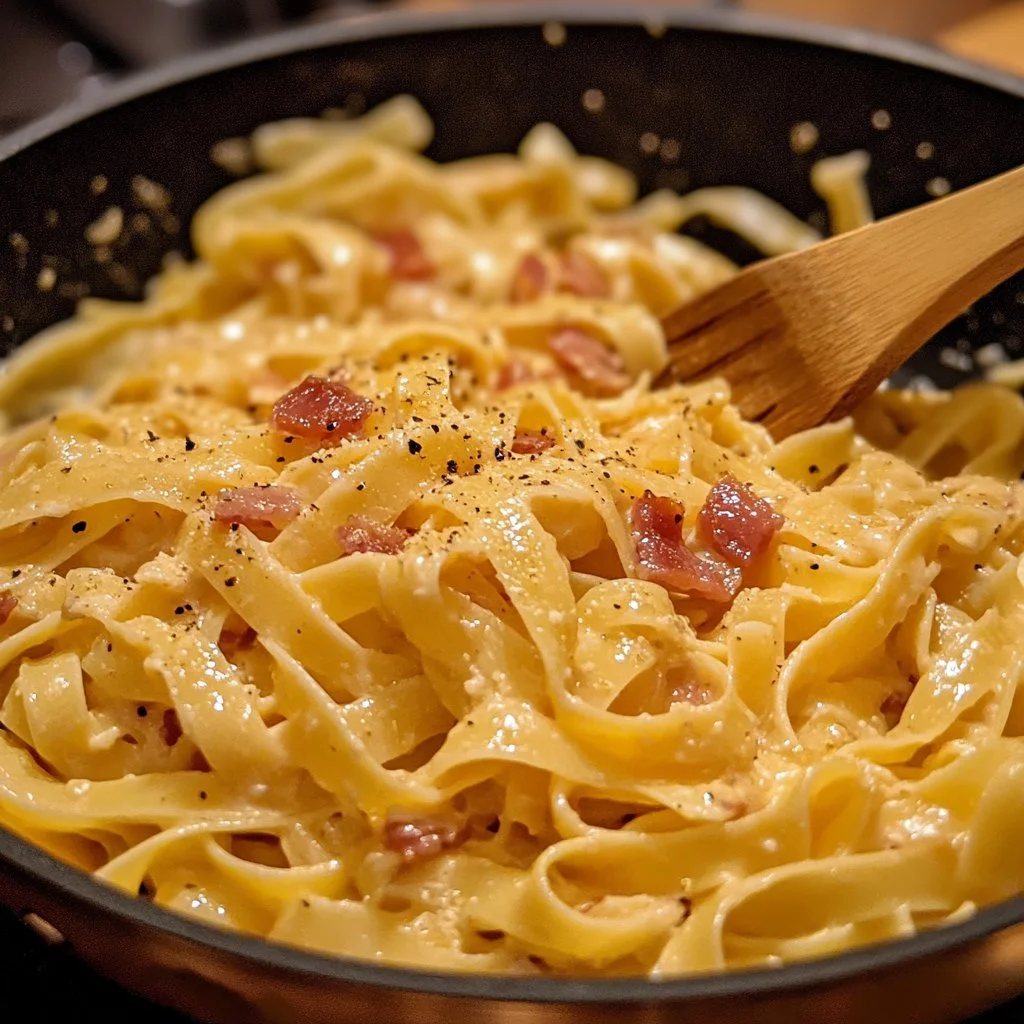 Plato de carbonara italiana con pasta y salsa cremosa