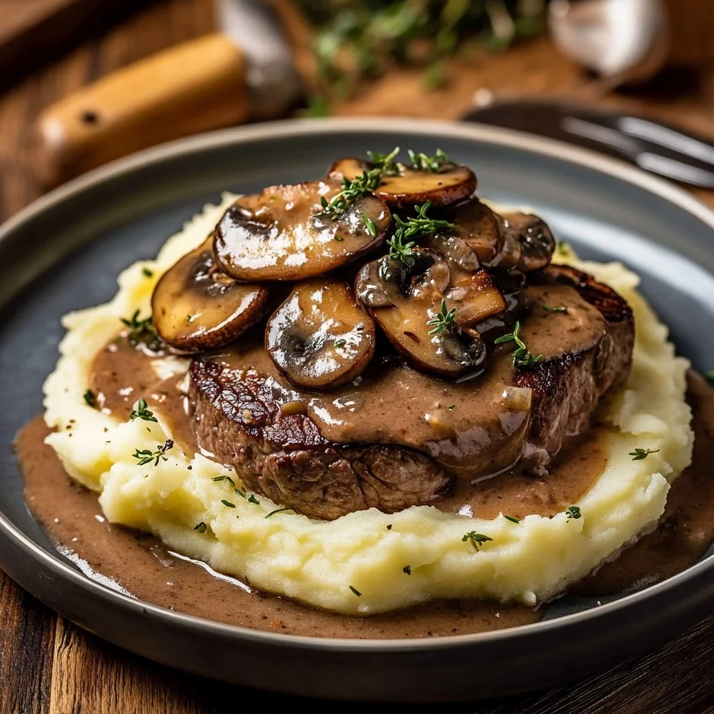 Plato de Carne Jugosa con Salsa Cremosa y Champiñones servido en una mesa elegante.