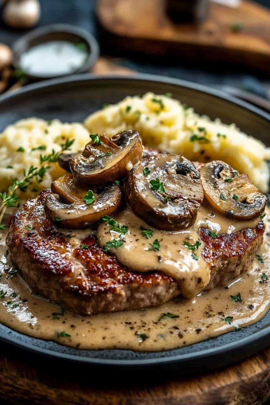 Carne Jugosa con Salsa Cremosa y Champiñones