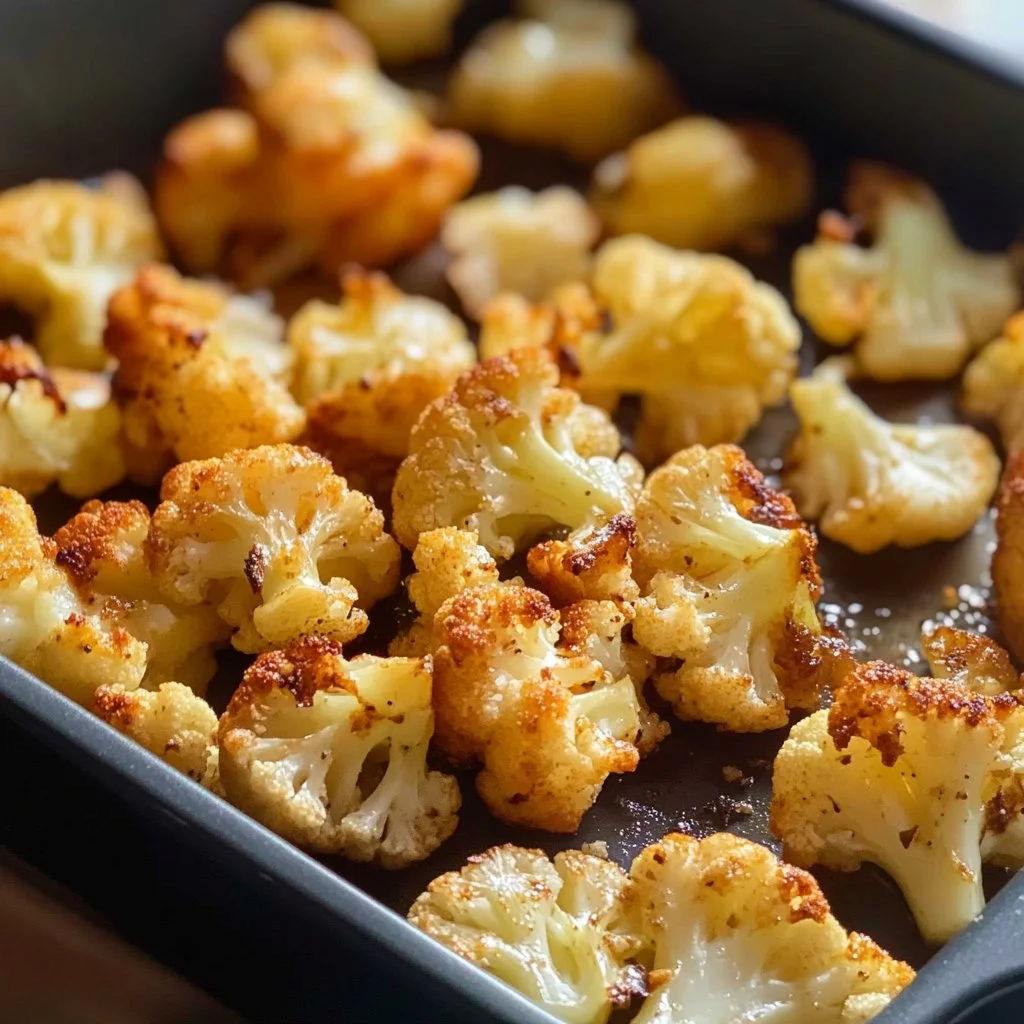 Plato de coliflor asado dorado y crujiente en una bandeja de horno.