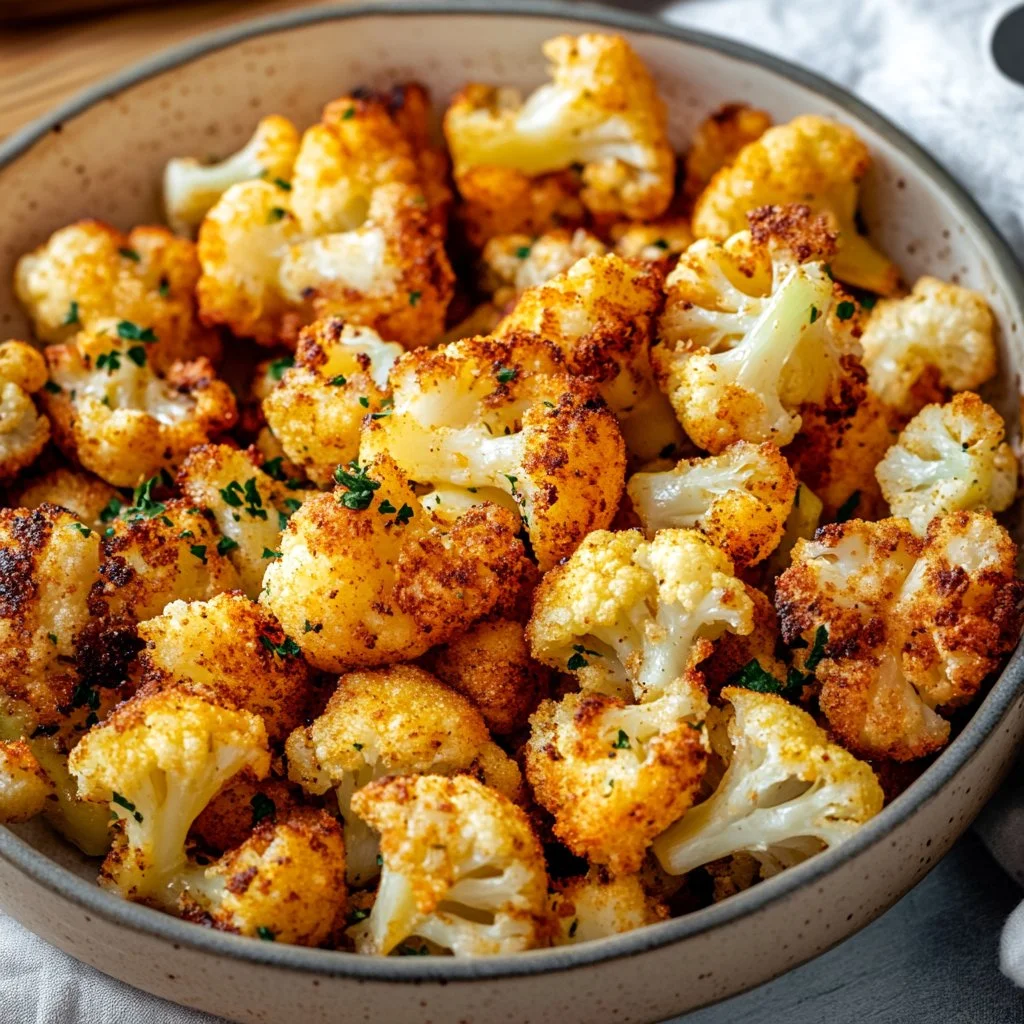 Coliflor cocinada en freidora de aire, crujiente y saludable.