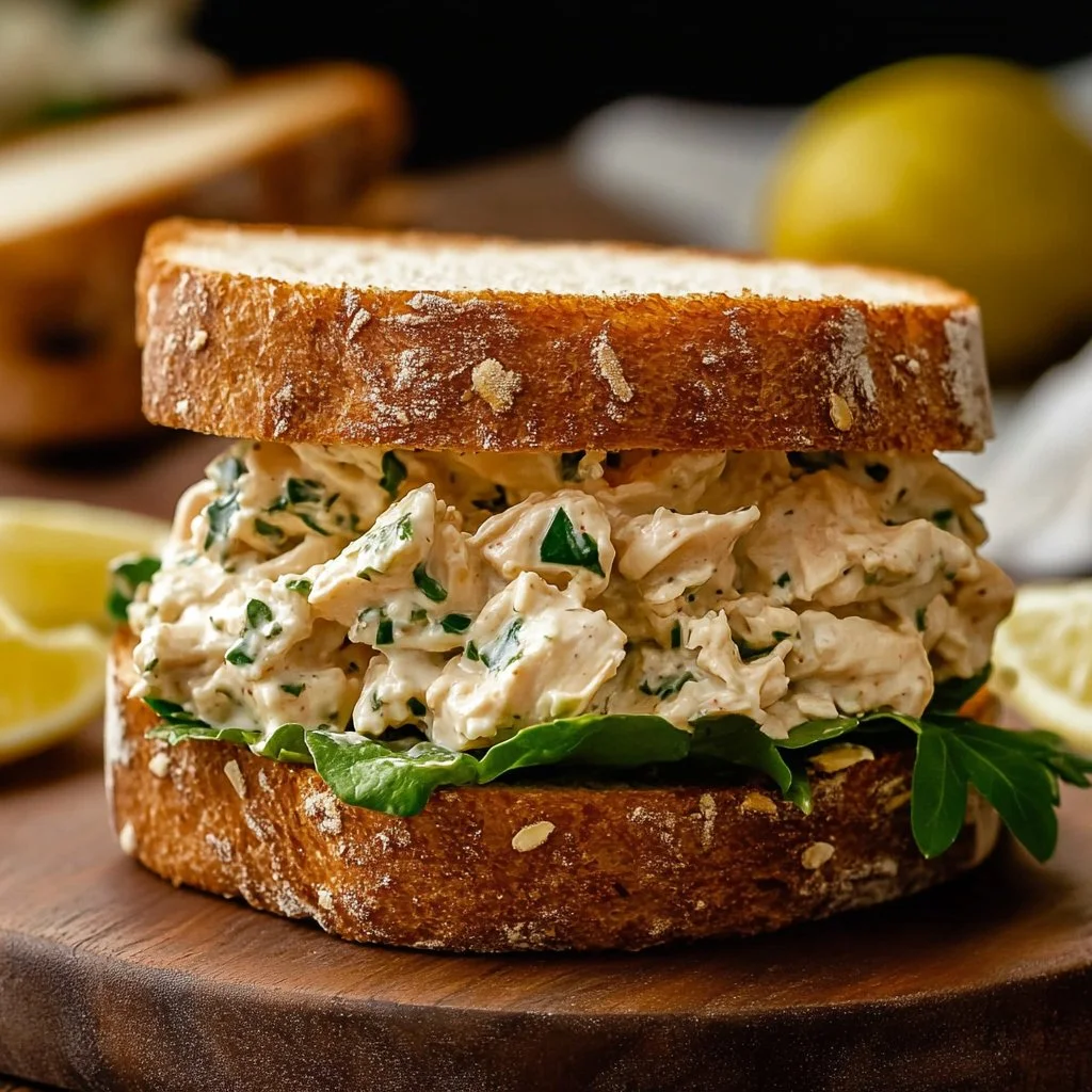 Sándwich preparado con crema de pollo casera, ideal para un almuerzo delicioso.
