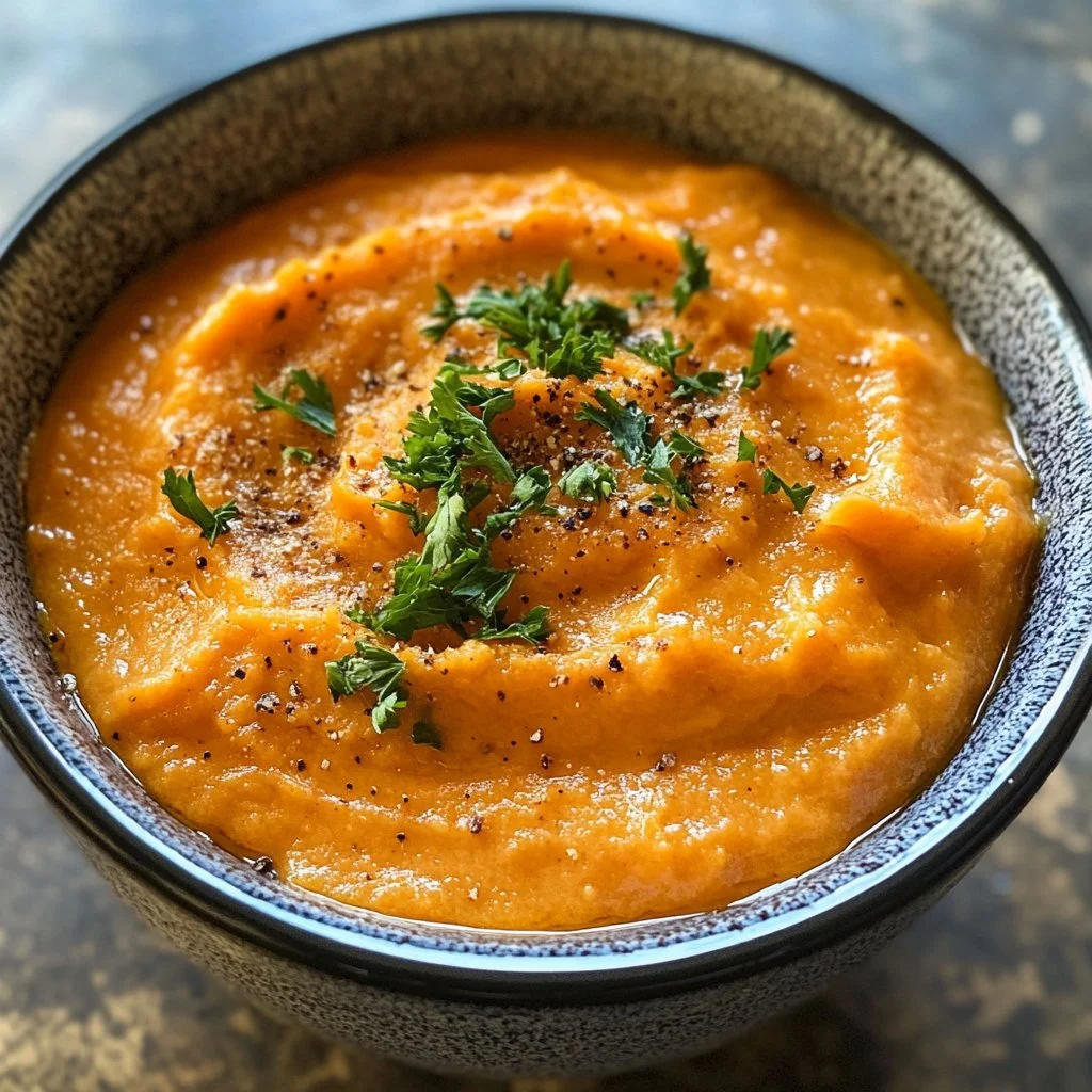 Plato de crema de zanahoria servida en un tazón con pan crujiente al lado.