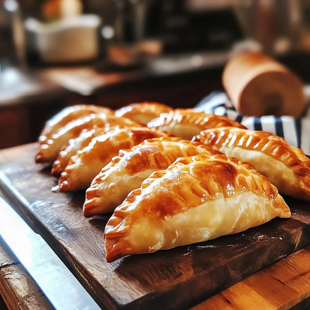 Empanadas de carne argentinas recién horneadas en un plato colorido.