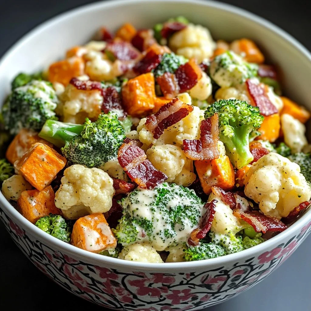 Ensalada de brócoli y coliflor cargada en un plato saludable y colorido