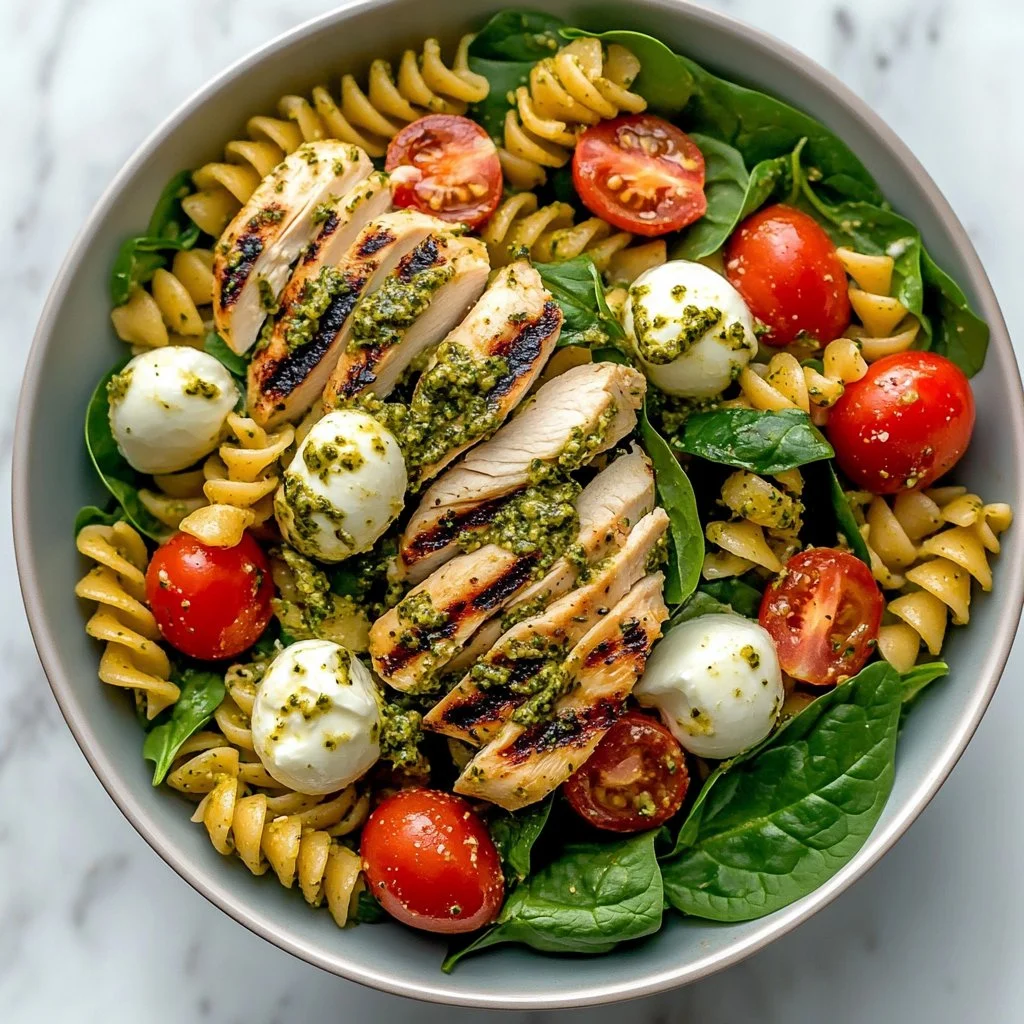 Ensalada de pasta con pollo y pesto servida en un plato colorido