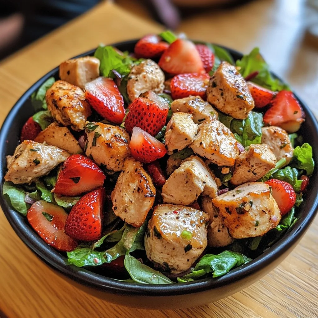 Ensalada de pollo con fresas sobre un plato decorativo.