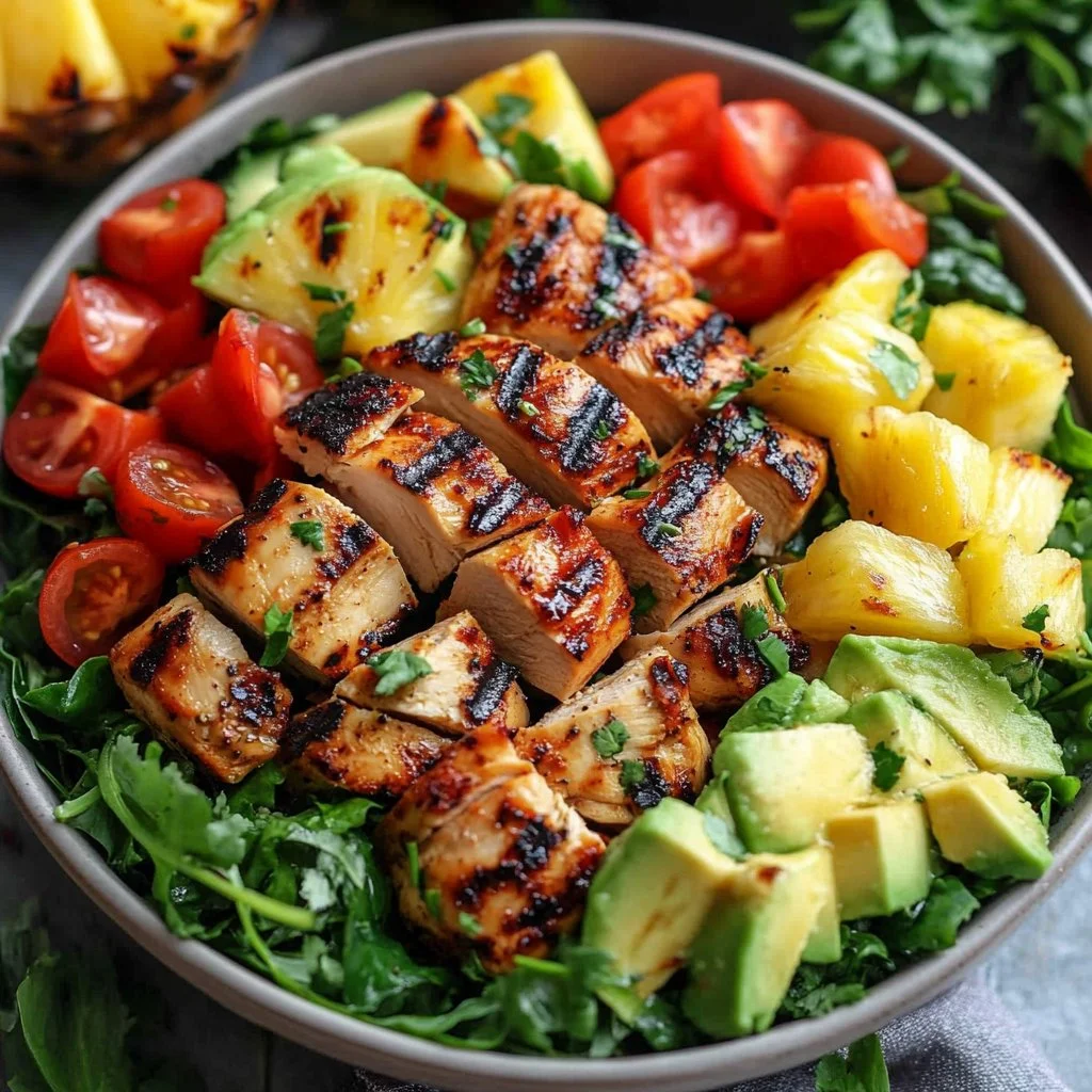 Ensalada de pollo hawaiana con frutas tropicales y vegetales frescos
