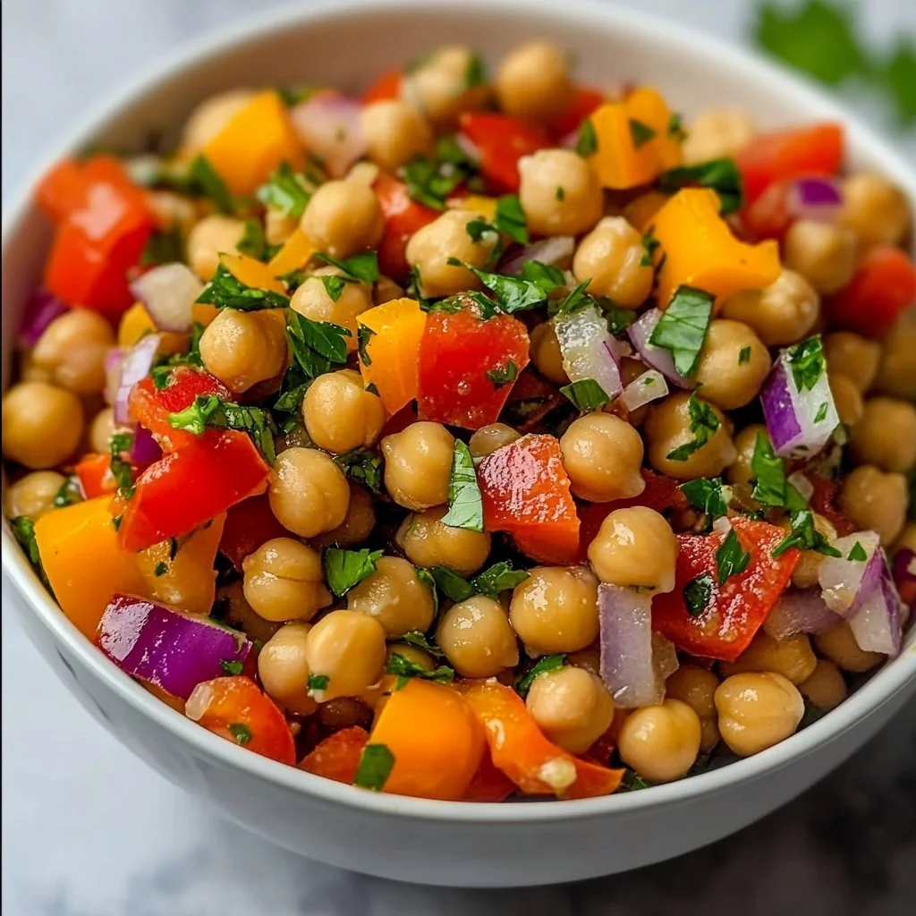 Ensalada de garbanzos mediterránea con vegetales frescos y aderezo saludable