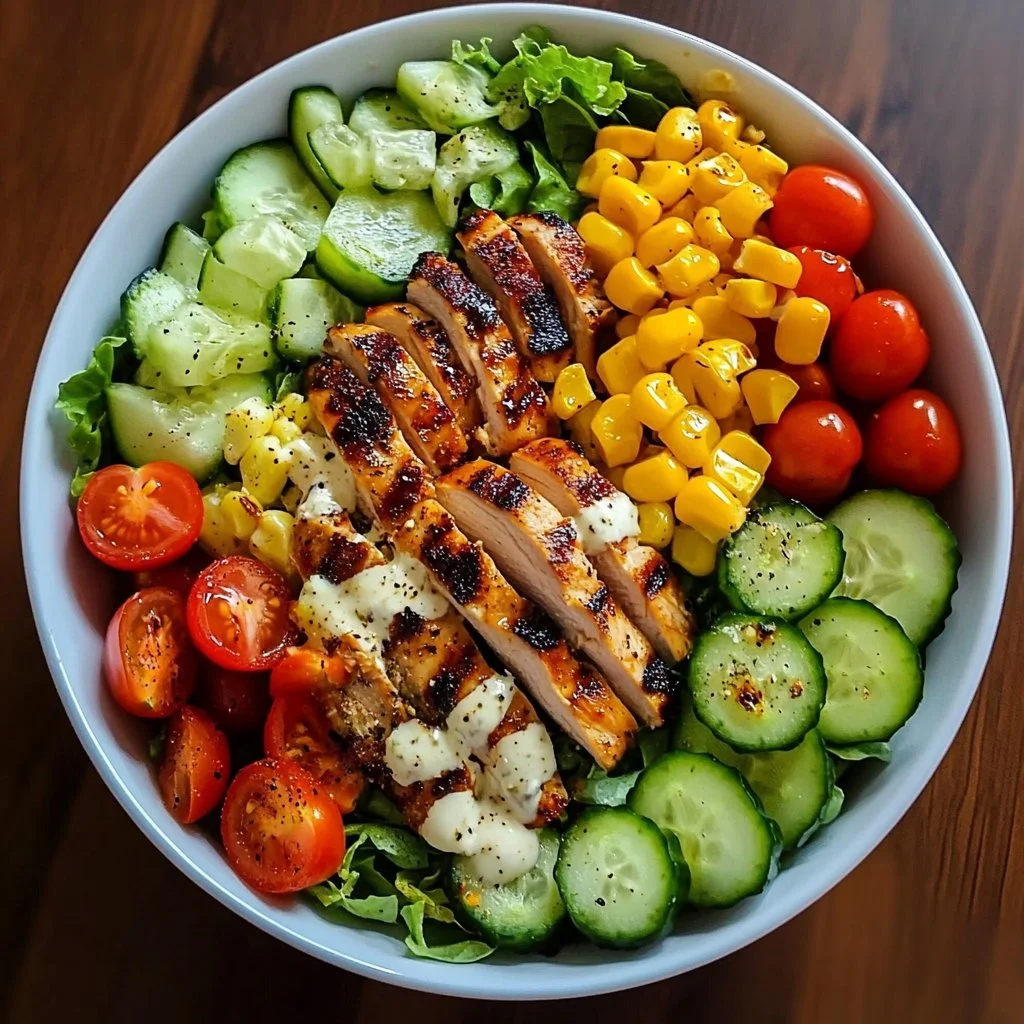 Ensalada de pollo aguacate fresca y saludable presentada en un plato.