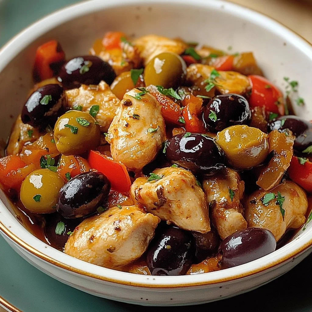 Plato de Estofado de Pollo con Aceitunas, presentación apetitosa con ingredientes frescos.