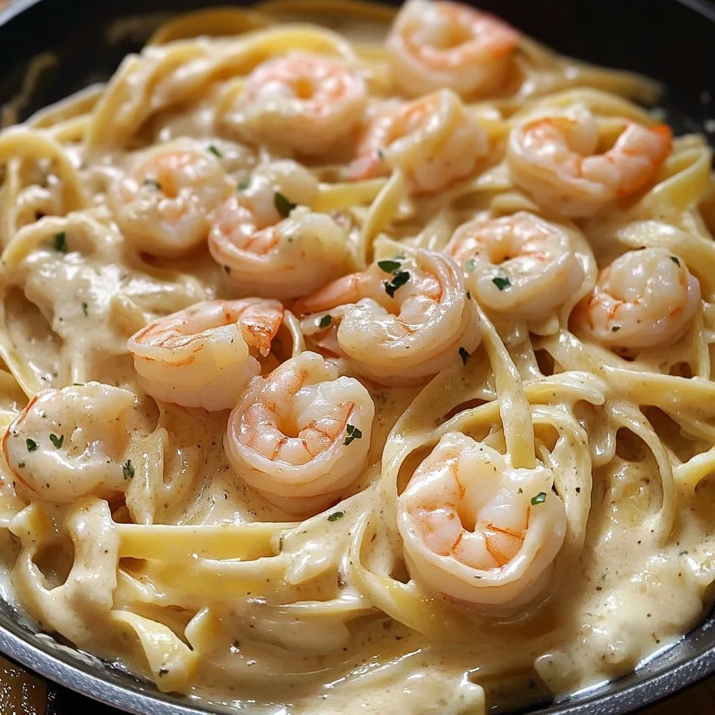 Plato de Fettuccine Alfredo con camarones en una sola olla, delicioso y fácil