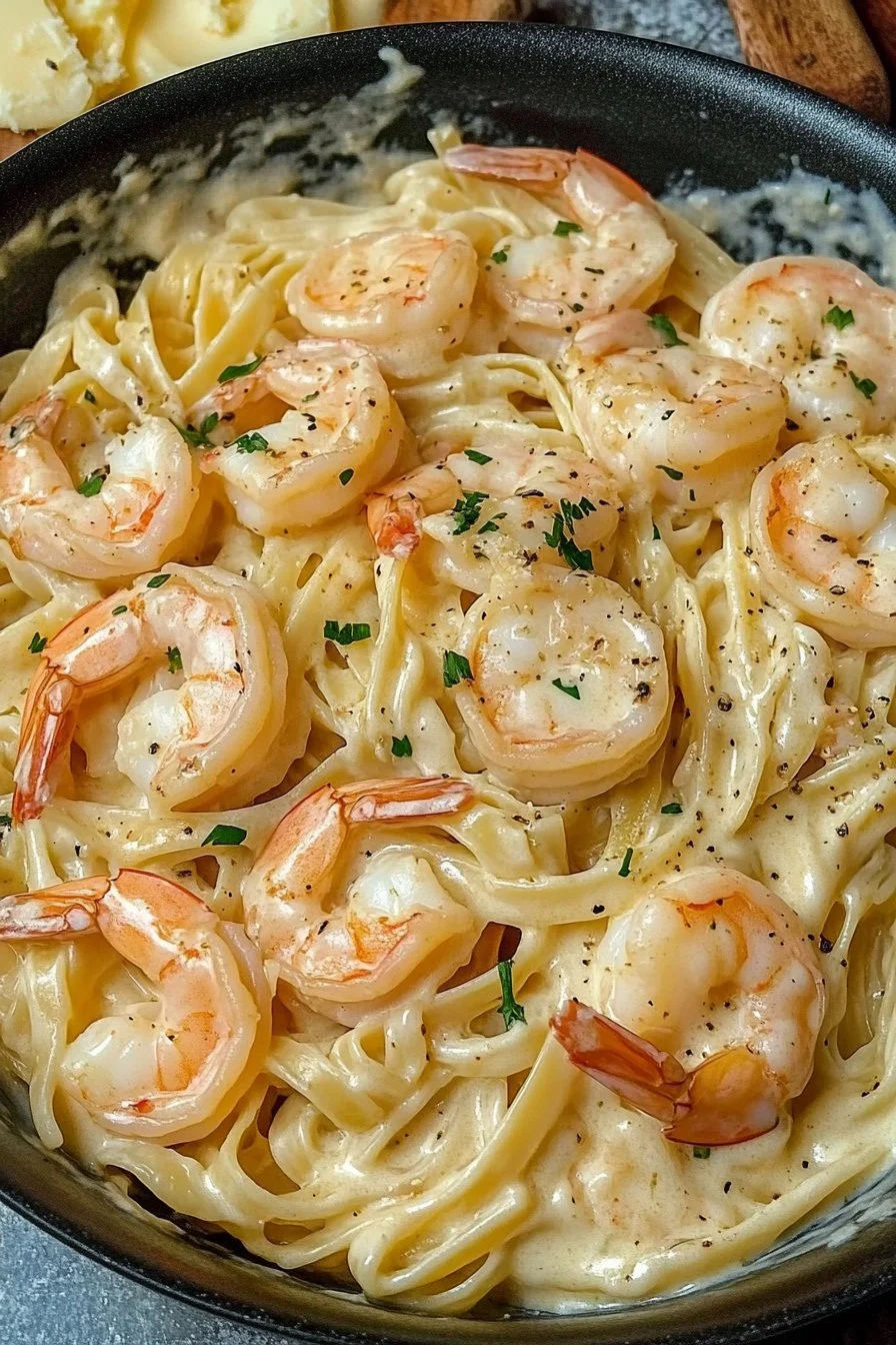 Fettuccine Alfredo con Camarones en Una Sola Olla