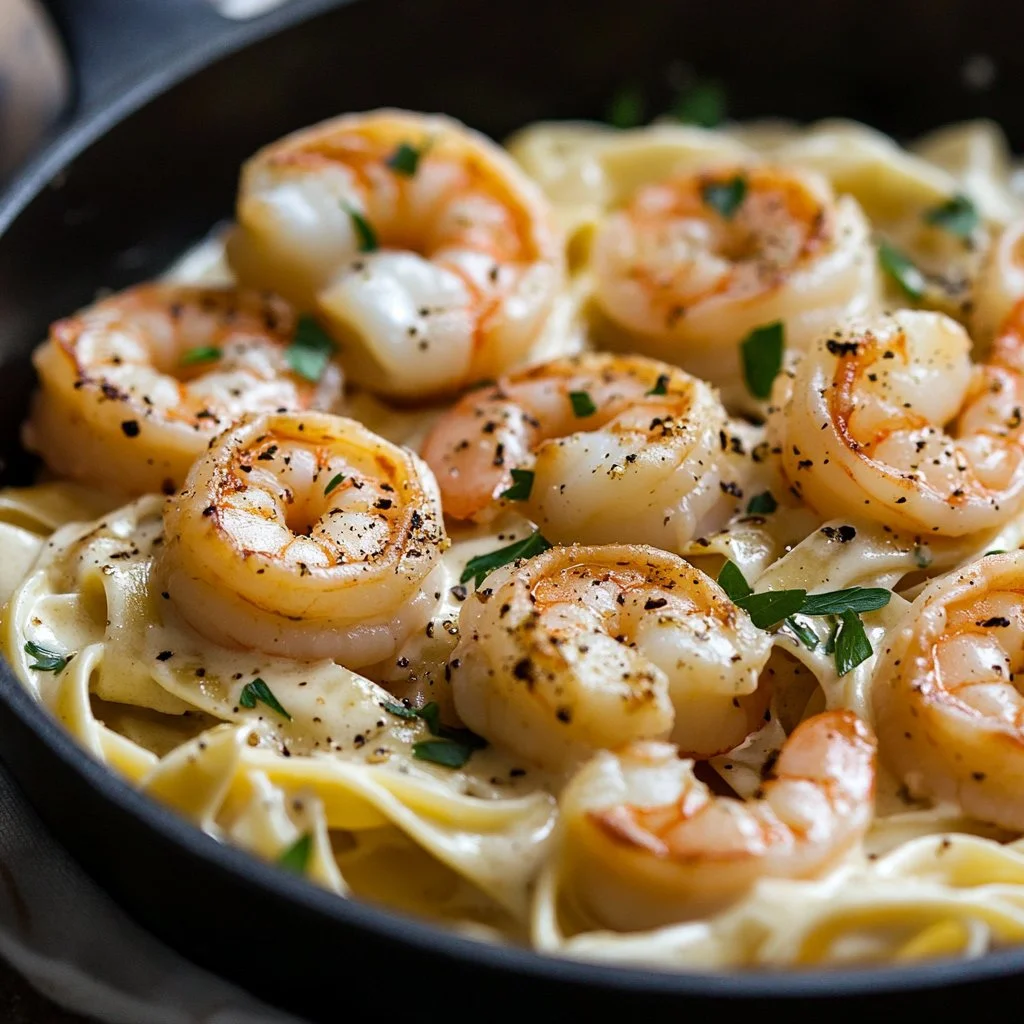 Plato de fettuccine con camarones y salsa cremosa
