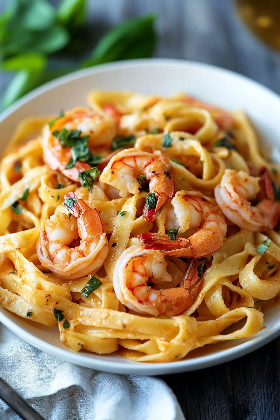 Fettuccine con camarones