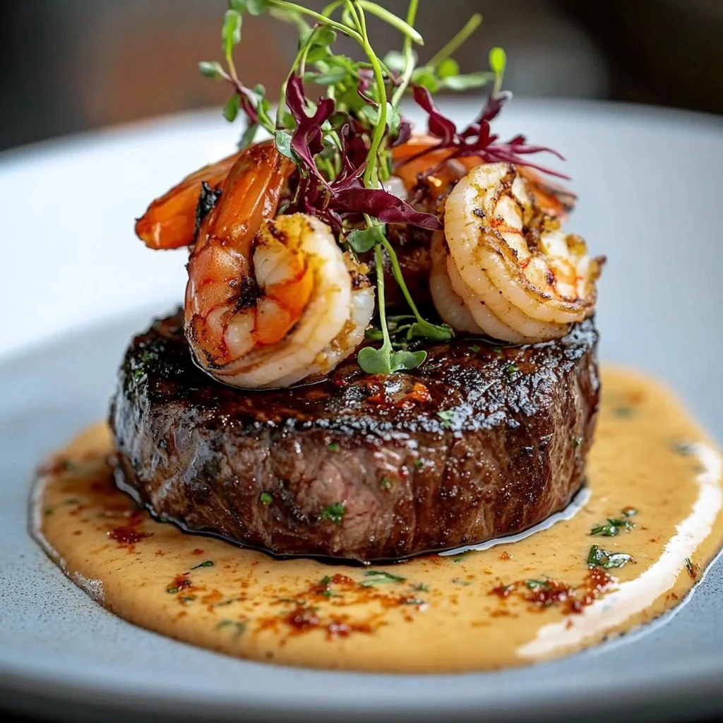 Filete Mignon con camarones y salsa de crema de langosta, un plato gourmet