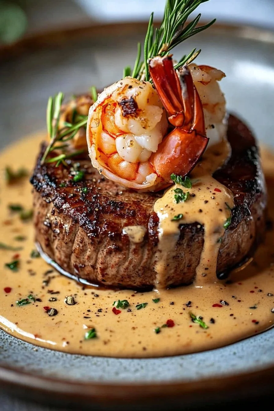 Filete Mignon con Camarones y Salsa de Crema de Langosta