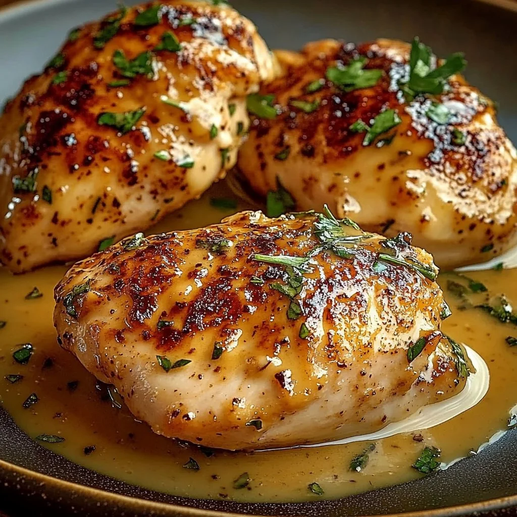 Filetes de pollo en salsa cremosa de ajo y parmesano en un plato