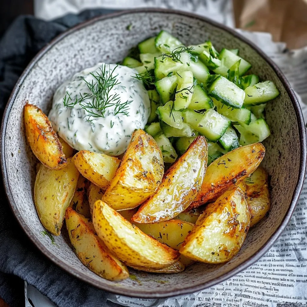 Gajos de papa acompañados de un dip de pepino fresco y delicioso