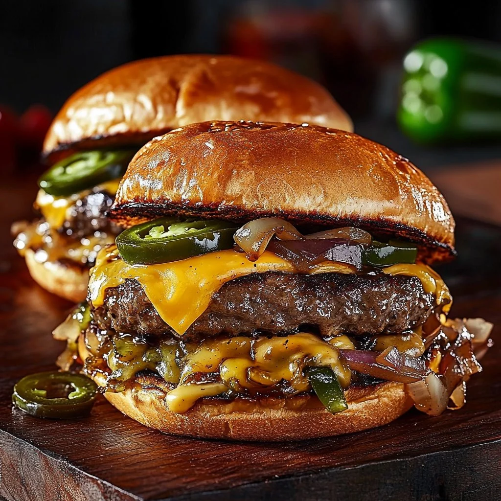 Hamburguesas machacadas de jalapeño y cebolla listadas en un plato