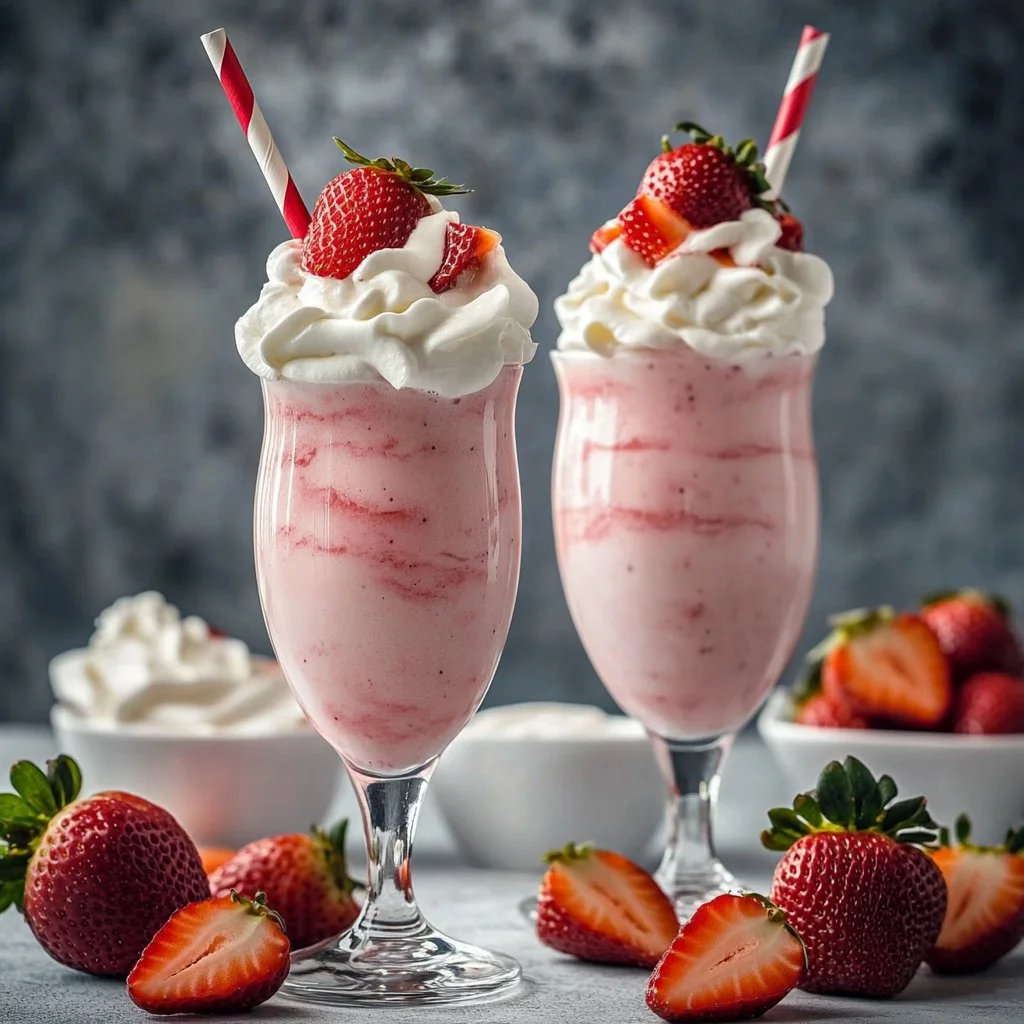 Malteada de Fresa cremosa y refrescante servida en un vaso con fresas frescas.