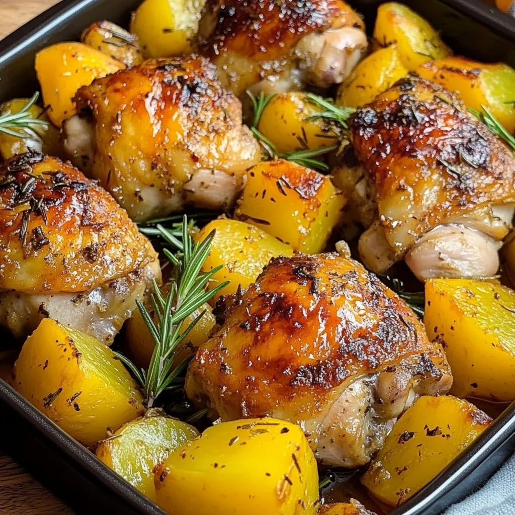 Muslos de pollo con papas al horno, plato caliente y sabroso