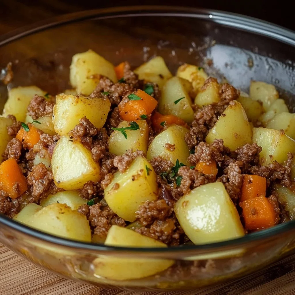 Plato de papas con carne molida servidas en un tazón