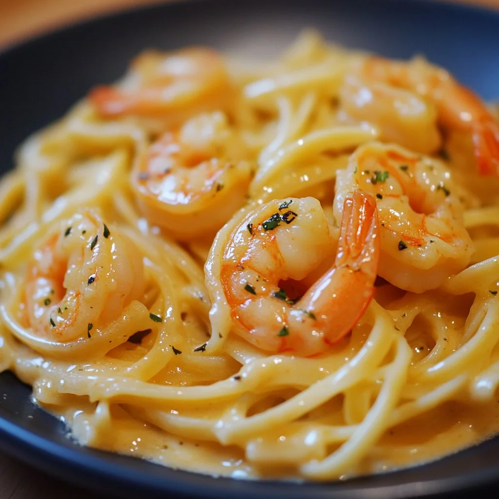 Pasta a la crema con camarones, un plato delicioso y fácil de preparar.