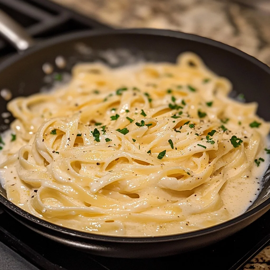 Plato de Pasta Alfredo cremosa servida en un tazón con parmesano y perejil.