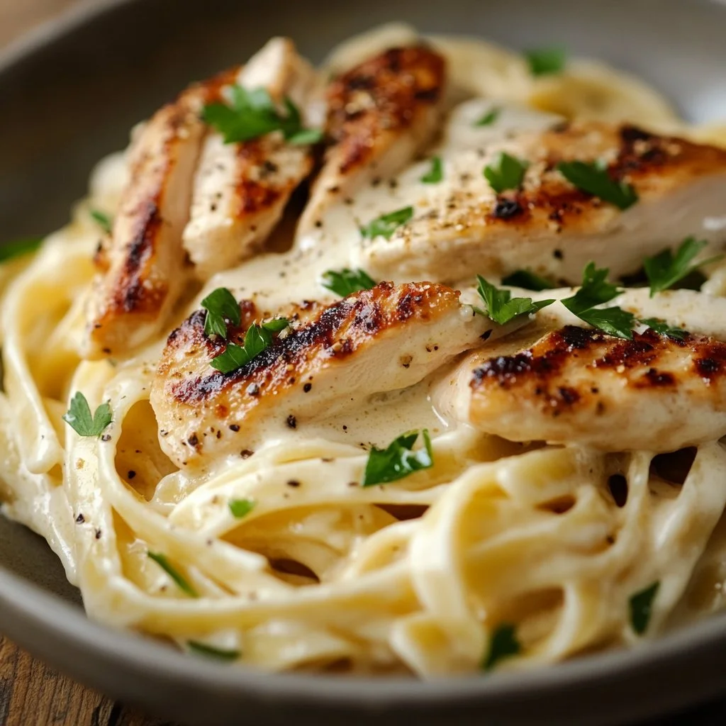 Plato de Pasta Alfredo con Pollo servido en un tazón