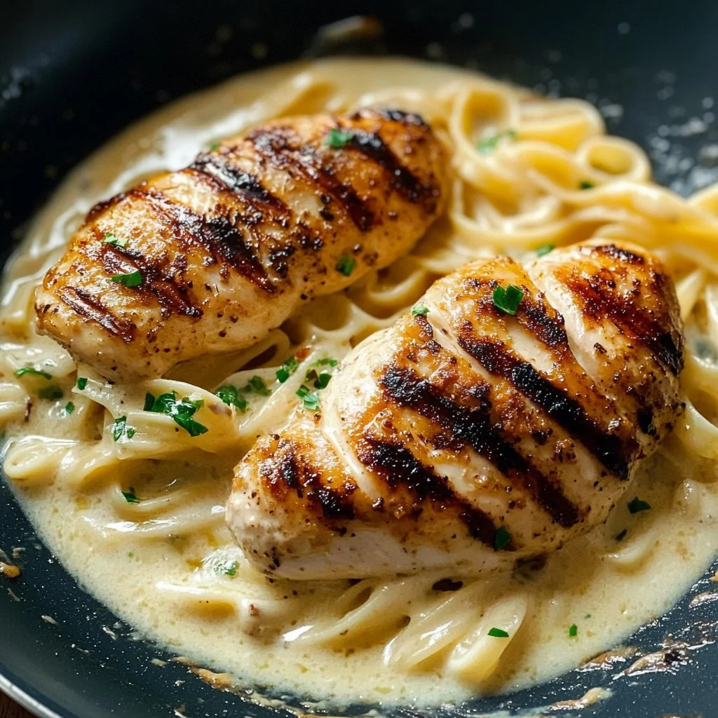 Plato de Pasta Alfredo con Pollo a la Parrilla servido en un tazón blanco
