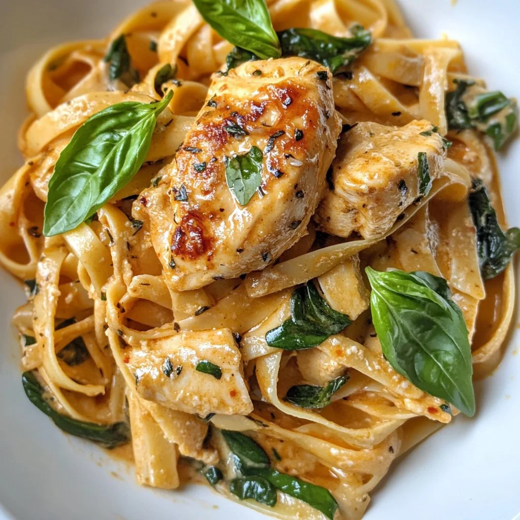 Plato de pasta con pollo servido con salsa y vegetales frescos.