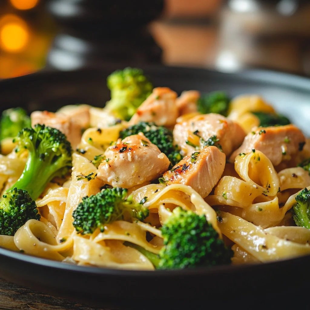 Plato de Pasta con Pollo y Brócoli fresco y sabroso