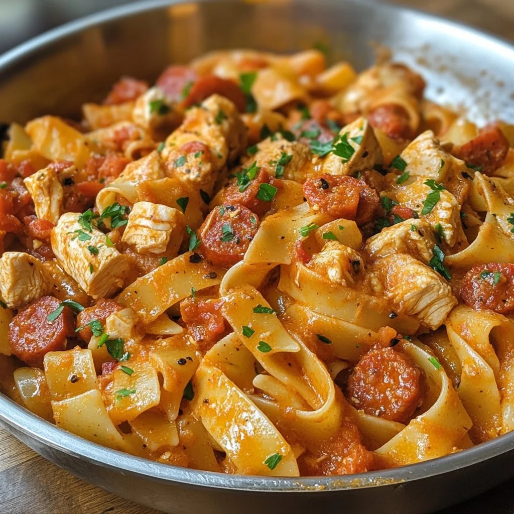 Plato de Pasta con Pollo y Chorizo, una receta sabrosa y fácil de preparar.