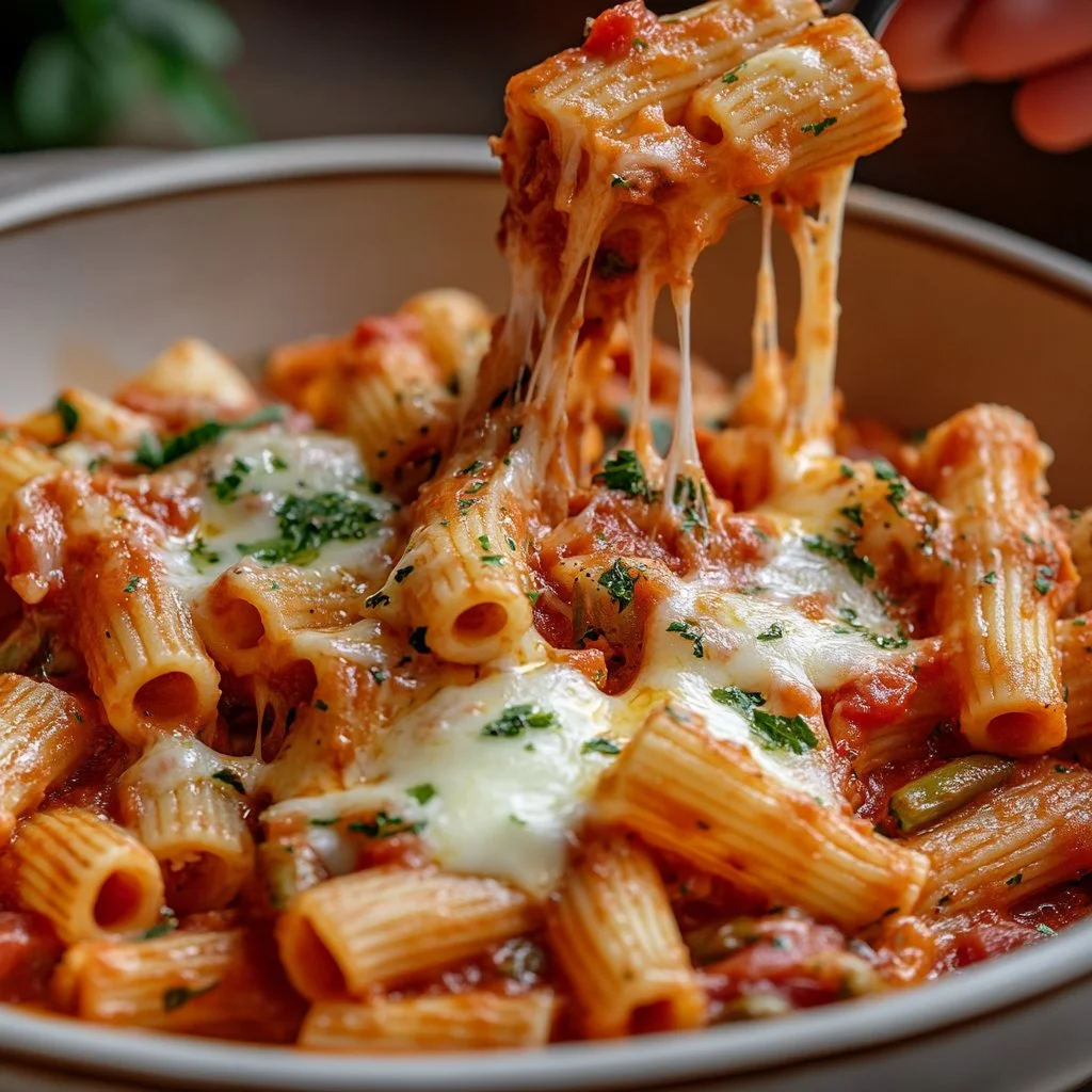 Plato de Pasta con Salsa Napolitana, queso mozzarella y albahaca fresco
