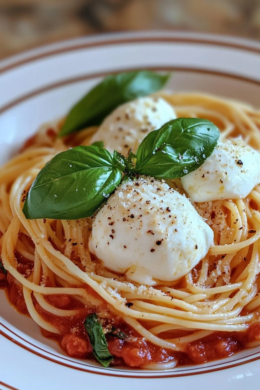 Pasta con salsa napolitana, queso mozzarella y albahaca