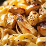 Plato de Pasta Cremosa con Pollo en una mesa servida