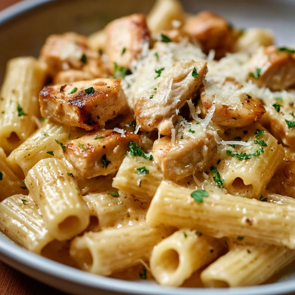 Plato de pasta cremosa con pollo, perfecto para una cena reconfortante.
