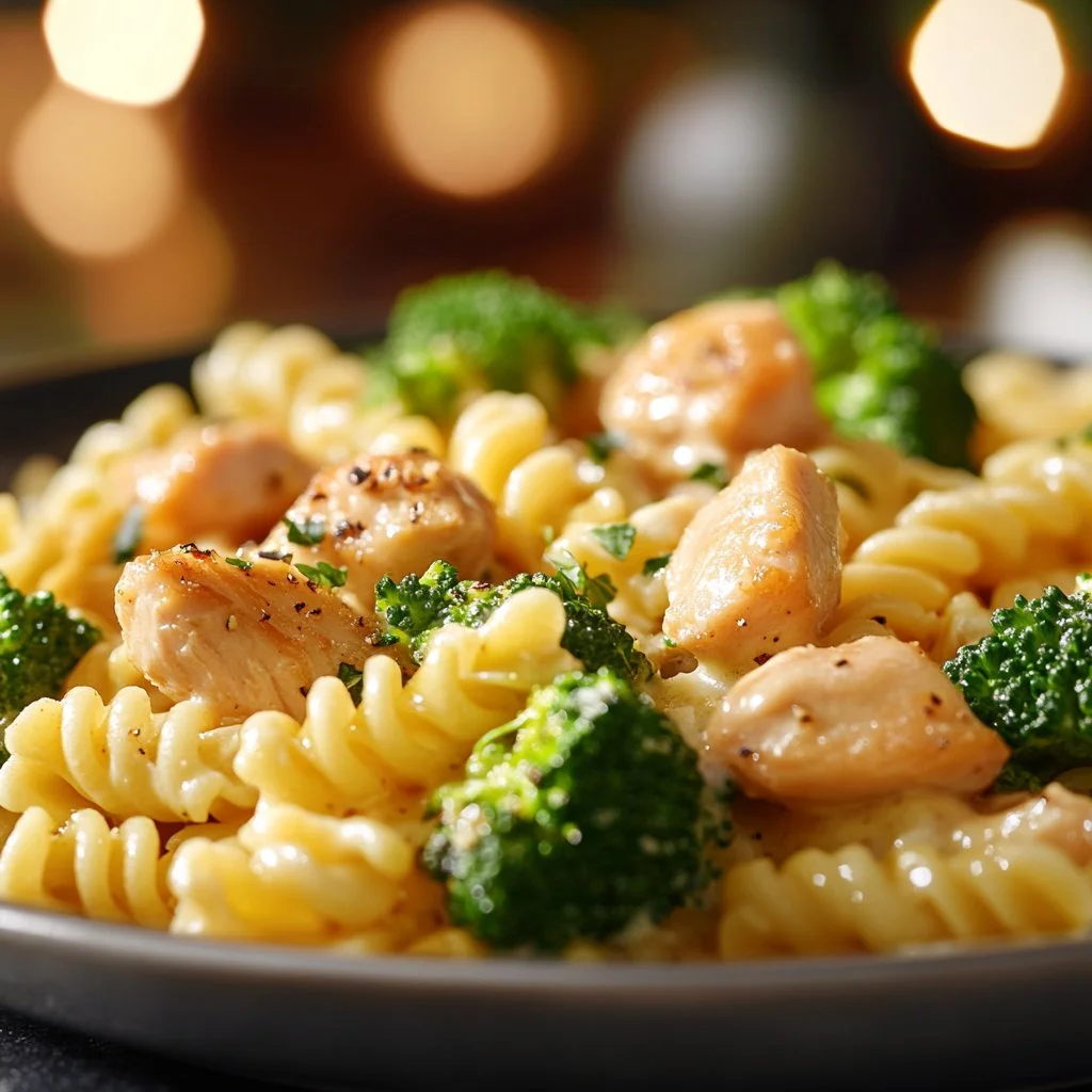 Plato de pasta cremosa con pollo y brócoli, una receta deliciosa y sencilla.